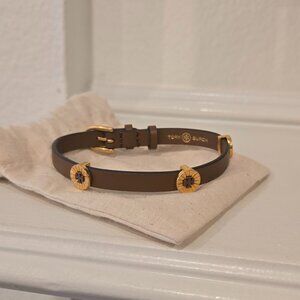 Brand New Tory Burch Britten Rolled Brass Brown Enamel Single Wrap Leather Brace